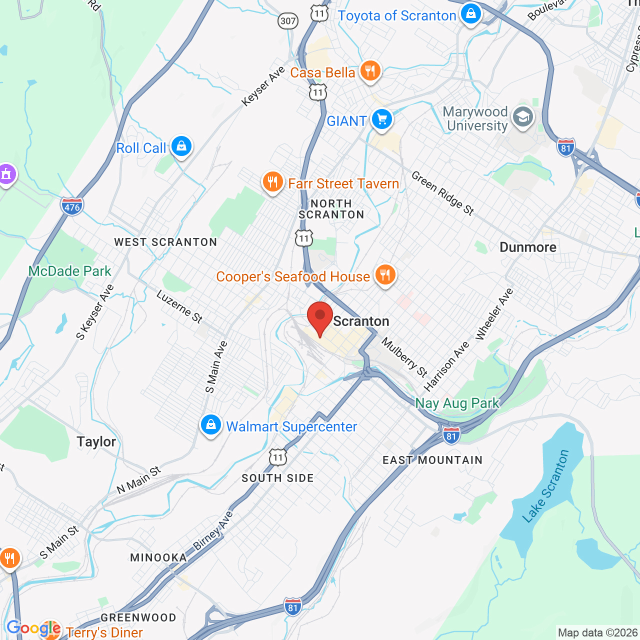 Google map image of our location in 300 Lackawanna Ave Ste 200 Scranton, PA